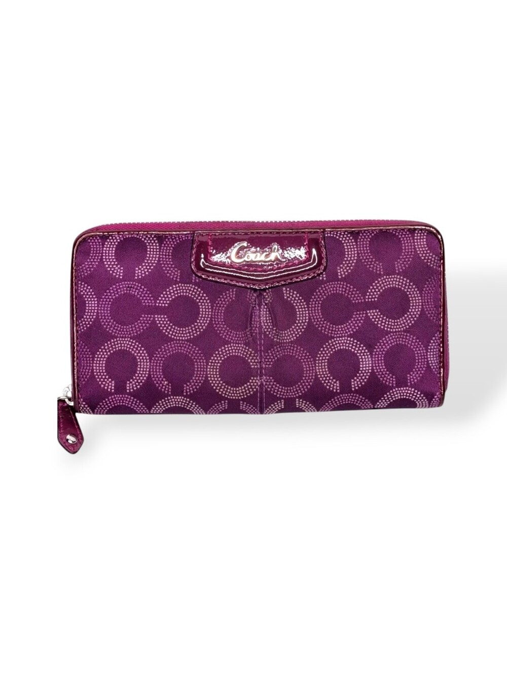 Coach Ashley Op Art Dotted Signature C Zip‎ Around Accordion Wallet Purple Satin